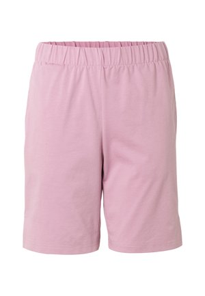 Lyserøde bomuldsshorts med elastisk taljebånd, knælange, ensfarvede, velegnede til afslappet brug.