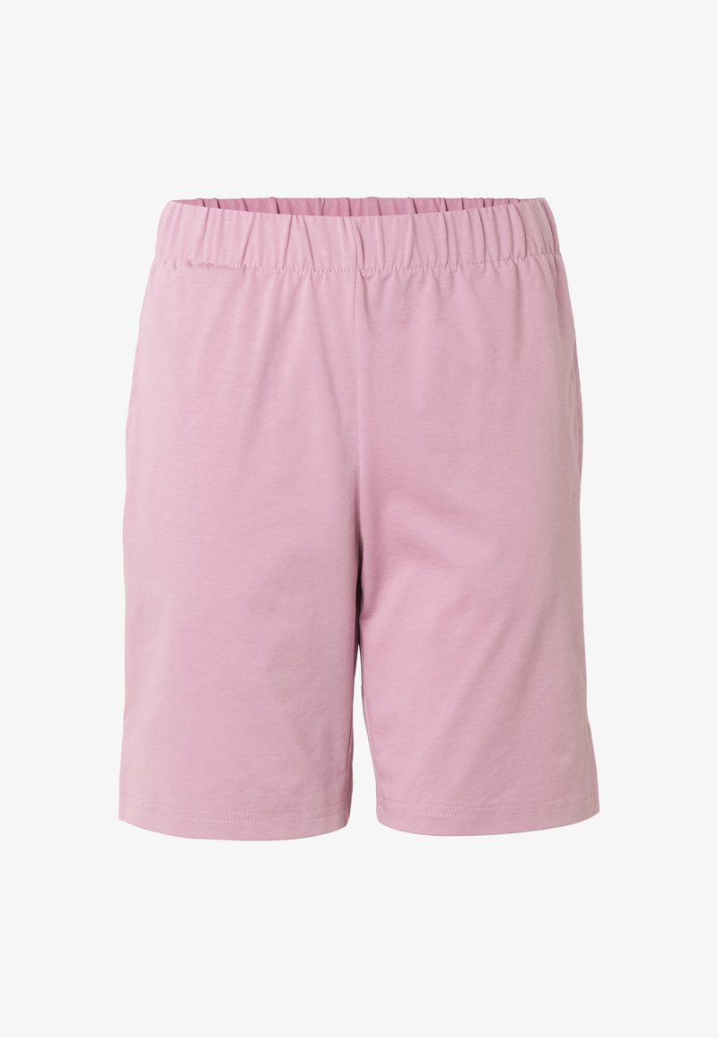 Shorts en coton rose clair avec taille élastique, longueur genou, design uni, adaptés pour une tenue décontractée.