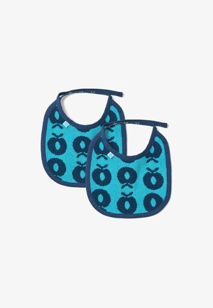 Du svarūs apklotai turkio ir tamsiai mėlynos spalvos, su tamsiai mėlynų obuolių raštu, pagaminti iš tekstūruoto mezginio audinio ir su spaudėmis.