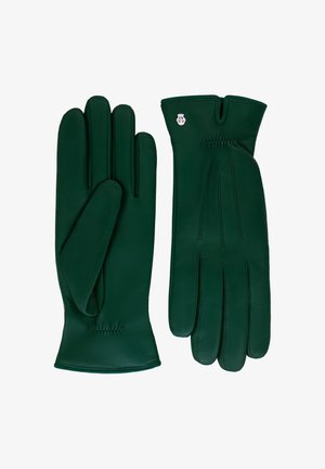 Green leather gloves with four fingers and a thumb, featuring fine stitching, a snug fit, and a small embroidered logo on the wrist area.