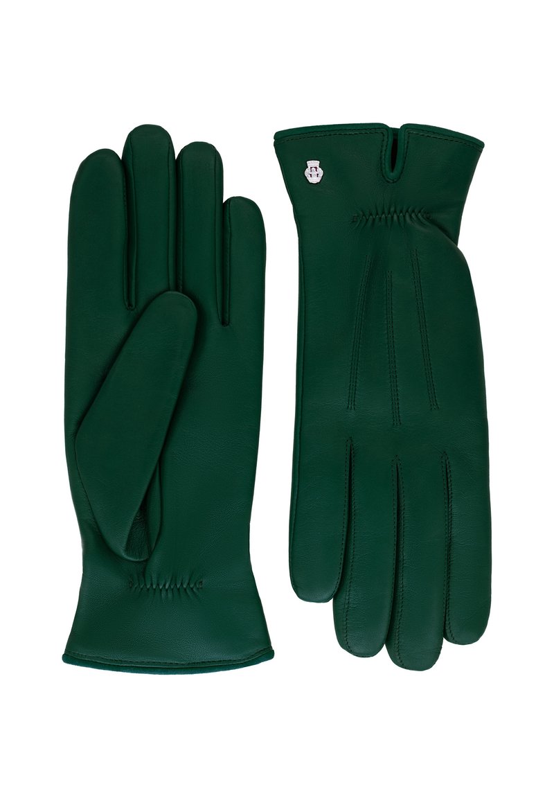 Green leather gloves with four fingers and a thumb, featuring fine stitching, a snug fit, and a small embroidered logo on the wrist area.