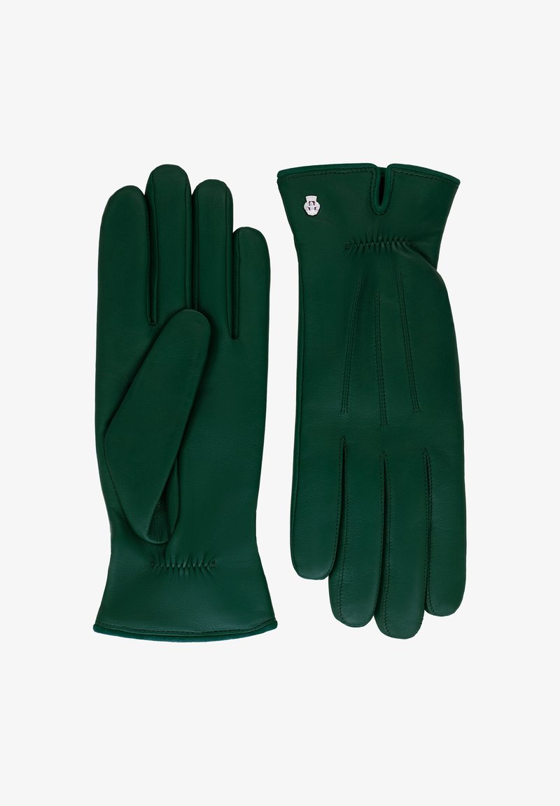Grüne Lederhandschuhe mit vier Fingern und einem Daumen, ausgestattet mit feiner Naht, passgenauer Passform und einem kleinen gestickten Logo im Handgelenkbereich.