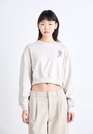 Light grey cropped sweatshirt with long sleeves and a round neckline. Features black text detailing on the left chest area. Smooth texture.