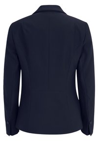 Béžový blazer v námořnické barvě s upraveným střihem, s špičatými klopami, strukturovanými rameny a zapínacími manžetami. Hladká látka s jemnou texturou.
