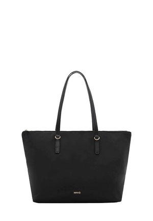 Black tote bag with two long handles, made of smooth material. Features a gold "MNG" logo at the bottom and a zip closure.
