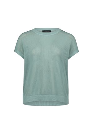 Jasnozielony sweter z krótkim rękawem, luźnym splotem, okrągłym dekoltem i prążkowanym dołem, prezentowany na białym tle.