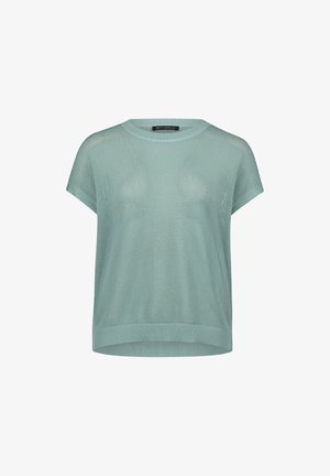 Lysegrøn, kortærmet, løsstrikket sweater med rund halsudskæring og ribbet kant, vist på hvid baggrund.