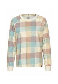 Sweater i pastelfarvet ternet mønster med blå, creme, brun og gule firkanter. Har en rund halsudskæring og ribbet manchetter, lavet af blødt stof.