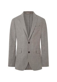 Blazer en laine grise avec un revers cranté, deux poches avant, deux boutons et une poche poitrine. Texture lisse avec un motif subtil.