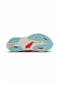 Suela de zapato deportivo con base blanca, áreas de tracción turquesa y acentos rojos. Incluye patrones texturizados para agarre y el nombre de la marca "Brooks."