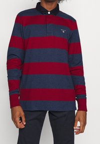 Langärmliges Polohemd mit horizontalen Streifen in Marineblau und Burgunderrot, einem dunklen Kragen und einem gestickten Logo auf der Brust. Baumwollstoff.