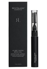 Revitalash Hi-Def Tinted Brow Gel in black tube with transparent lid and attached comb. Slim, elegant packaging with text on a black box.