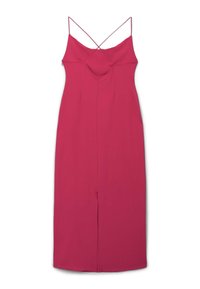 Fuchsia Midi-Kleid mit dünnen, überkreuzten Spaghetti-Trägern, V-Ausschnitt und einem Schlitz vorne. Glattes Material, minimalistisches Design.