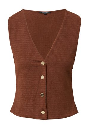 Brown sleeveless top with a textured fabric, featuring a deep V-neck and six decorative gold buttons down the front.