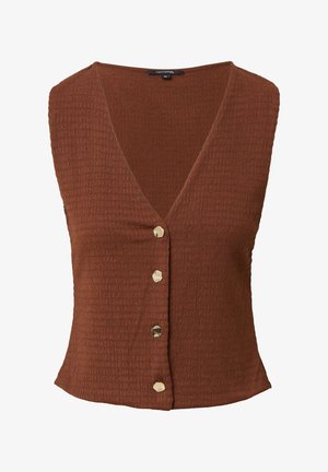 Brauner ärmelloser Oberteil aus strukturiertem Stoff, mit einem tiefen V-Ausschnitt und sechs dekorativen goldenen Knöpfen auf der Vorderseite.