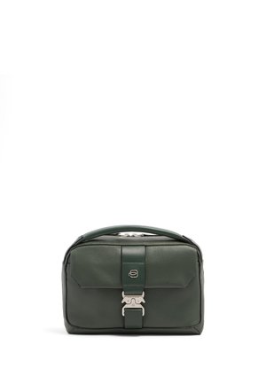 Dark green leather toiletry bag with top handle, front flap, and silver metal buckle closure on a white background.