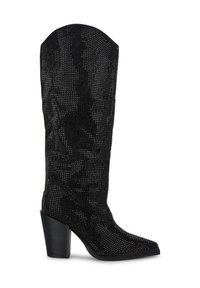 Bota negra alta de estilo western con brillantes adornos de rhinestones, puntera puntiaguda y un tacón robusto. Superficie texturizada con un diseño ajustado.