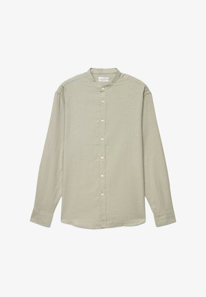 Chemise beige clair à manches longues avec col mandarin et fermeture à boutons sur le devant, présentée à plat sur un fond blanc.