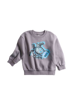 Sweat-shirt gris avec des poignets et un ourlet côtelés, présentant un design imprimé d'un super-héros avec un bouclier et un accent bleu. Texture douce.
