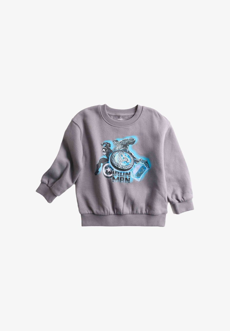 Felpa grigia con polsini e orlo a costine, con un design stampato di un supereroe con uno scudo e un accento blu. Texture morbida.