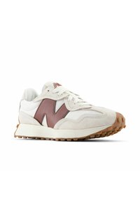 White and beige sneaker with brown "N" logo, white laces, and a textured beige sole on a white background.