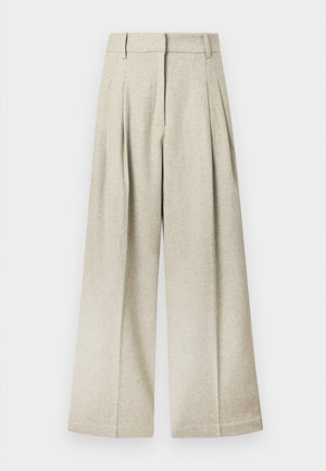 Wide-leg pants in light grey fabric with a textured finish, featuring front pleats and a flat waistband, no pockets visible.