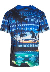 Short-sleeve t-shirt featuring a blue tropical sunset print with palm trees, geometric patterns, and a smooth, lightweight fabric.