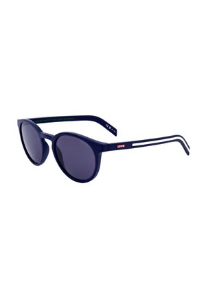 Occhiali da sole rotondi blu scuro con lenti nere e logo rosso Levi's sulla stanghetta, con sottili aste a doppia linea.