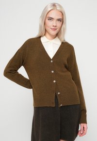 Jovem mulher com cabelo loiro, vestindo um cardigan castanho com botões sobre uma camisa creme com colarinho e uma saia castanha escura, parada com a mão na cintura.