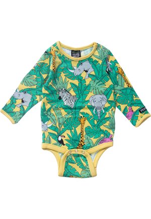 Langærmet gul babybodystocking med grønne tropiske blade og illustrationer af dyr, herunder giraf, næsehorn, zebra, elefant, tukan og flamingo.