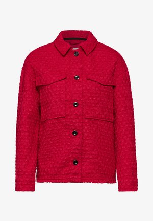 Rode textuur jacket met een kraag, twee borstzakken en zwarte knopen. Heeft een cropped zoom en een geweven stofpatroon.