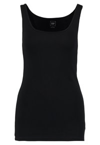 Débardeur noir avec un décolleté rond, fabriqué en coton doux. Présente un design ajusté et une texture lisse, idéal pour le superposition.