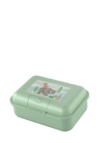 Grüne Kunststoffbrotbox mit Deckel, der Tierillustrationen zeigt. Glatte Oberfläche, rechteckige Form und ein vorderer Verschluss zum Schließen.