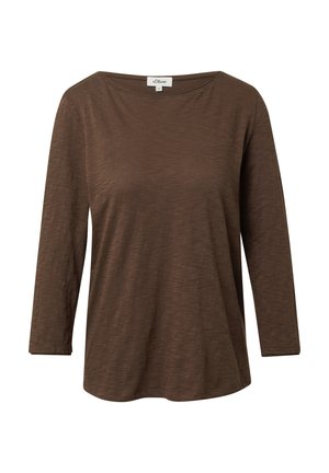 T-shirt à manches longues marron avec un col ras du cou, fabriqué dans un tissu légèrement texturé et avec une coupe décontractée.