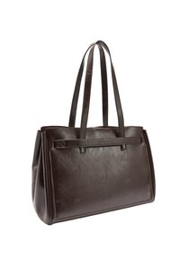 Brązowa skórzana torba na ramię z dwoma uchwytami, o prostokątnym kształcie, gładkiej fakturze i minimalistycznym designie z przeszyciem jako ozdobą, bez metalowych elementów.