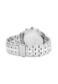 Silberne Edelstahl-Uhr mit einem Gliederarmband, runder Gehäuseform und Chronographenfunktionen. Glatte Oberfläche mit einem minimalistischen Rückendesign.