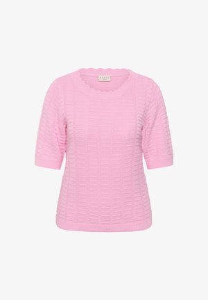 Hellrosa kurzärmliger, gestrickter Pullover mit strukturiertem Quadrat-Muster, rundem Ausschnitt sowie gerippten Bündchen und Saum.