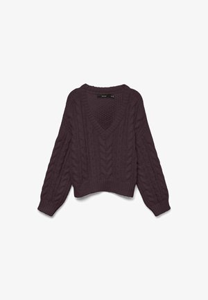 Kabelstrik sweater i mørk lilla, med v-hals og lange ærmer. Ribbet kant og manchetter med et struktureret mønster over hele kroppen.