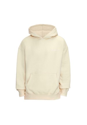 Sweat à capuche beige avec poche avant, texte discret "Dropside" sur la poitrine, manches longues et bords côtelés.