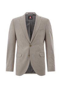 Hellbrauner Herrenblazer mit zwei Knöpfen, Revers mit Kerbe, zwei Pattentaschen und einer Brusttasche, auf weißem Hintergrund dargestellt.