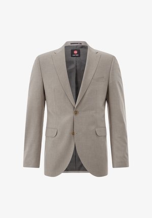 Light brown men's blazer with two buttons, notch lapel, two flap pockets, and chest pocket, displayed on white background.