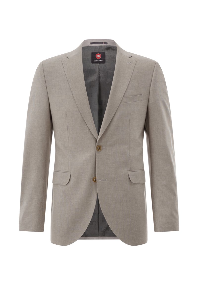 Hellbrauner Herrenblazer mit zwei Knöpfen, Revers mit Kerbe, zwei Pattentaschen und einer Brusttasche, auf weißem Hintergrund dargestellt.