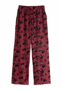 Rød- og sortternet bukser med blomstermønstre, løs pasform, elastisk talje og brede ben. Glat stoftekstur.