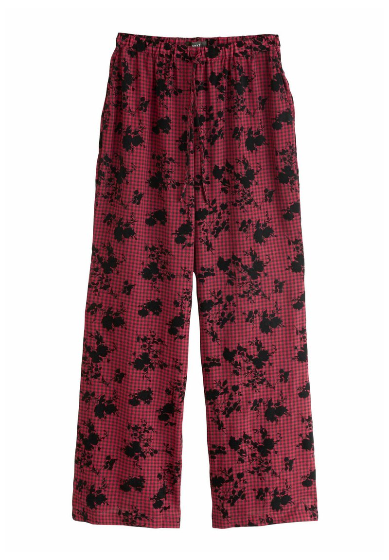 Pantaloni a scacchi rossi e neri con motivi floreali, vestibilità comoda, cintura elastica e gambe larghe. Tessuto dalla texture liscia.