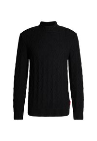 Schwarzer Strickpullover mit geometrischem Muster, hohem Kragen und gerippten Bündchen und Saum, gefertigt aus einem strukturierten, atmungsaktiven Stoff.