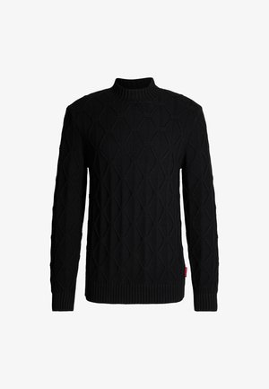 Zwarte gebreide trui met een geometrisch patroon, hoge kraag en ribgebreide manchetten en zoom, gemaakt van een gestructureerde, ademende stof.