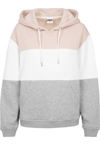 Fargeblokkert hettegenser med en rosa øvre panel, hvit midtdel og grå nedre del. Har kengurulomme og snøring i hetta.