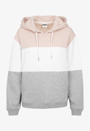 Két színű kapucnis pulóver, pink felső panellel, fehér középső résszel és szürke alsó résszel. Kanguru zsebbel és húzózsinóros kapucnival rendelkezik.