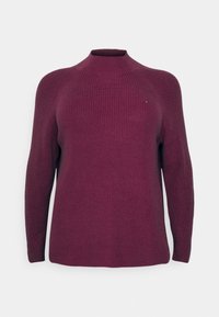 Burgundowa dzianinowa sweter dla kobiet z długimi rękawami i stójką, z małym haftowanym logo na piersi.