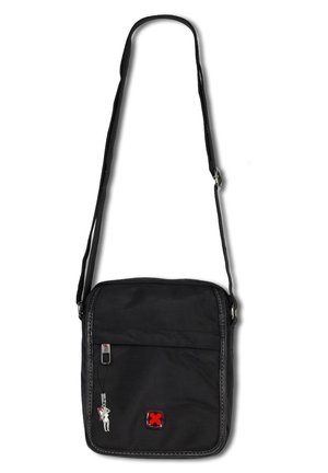 Black fabric shoulder bag with adjustable strap, zippered compartments, red logo patch, and decorative zipper pull featuring a figure.